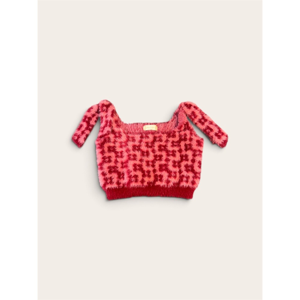 Altar'd State Pink Red Eyelash Knit Tie Shoulder Crop Top XS Fuzzy Soft Coquette